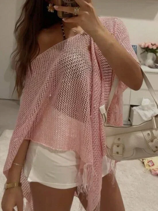 Pink Y2K Boho Women's Sequin Tassel Crochet Cover-Up Shawl Top - Picture 5 of 11